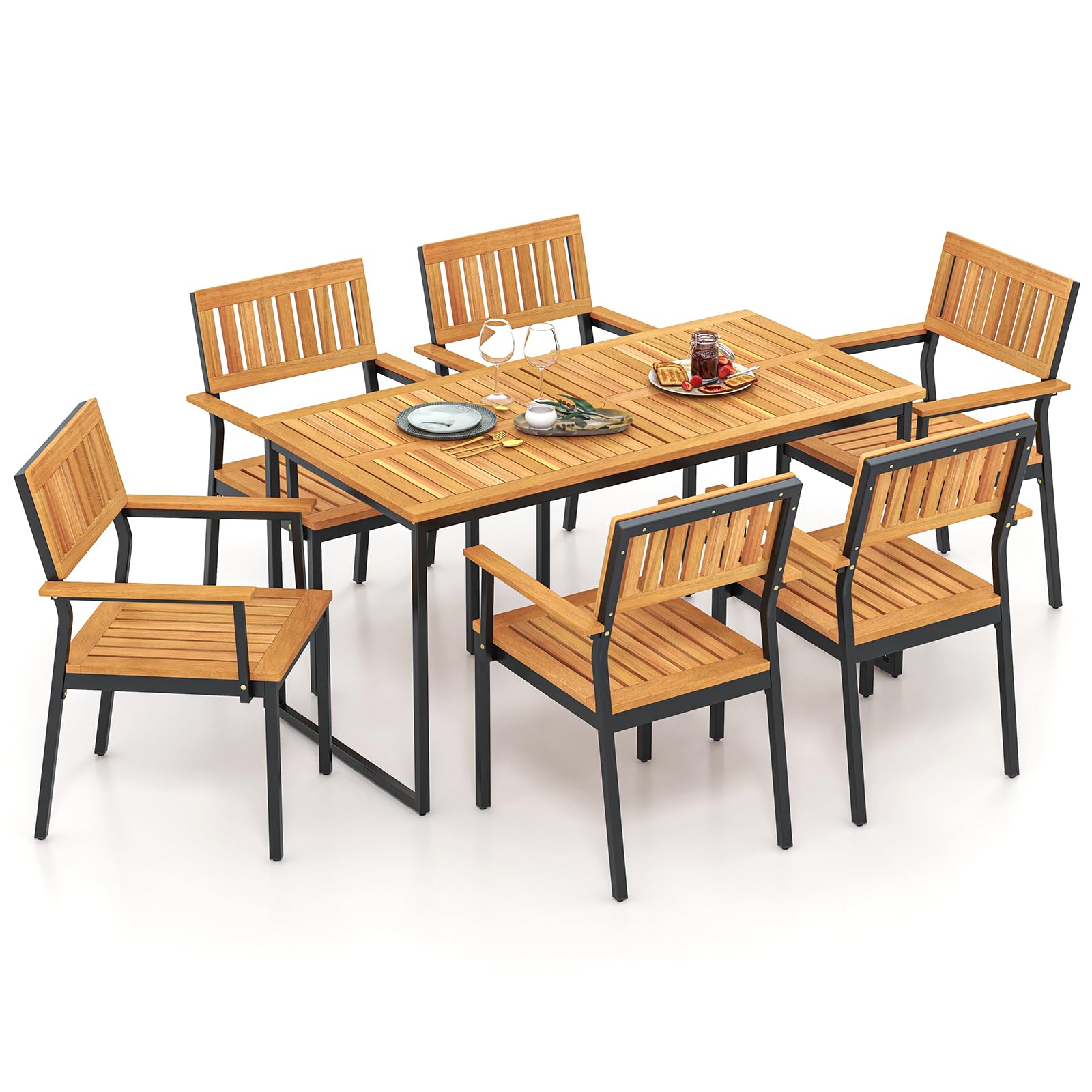 Ensemble de salle à manger d'extérieur Tangkula 7 pièces pour 6 personnes, table à manger rectangulaire en bois d'acacia et 6 fauteuils avec cadre en métal